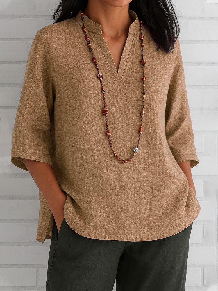 Casual V-Neck Blouse with Side Pockets