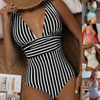 Women's Deep V-Neck Striped Swimsuit
