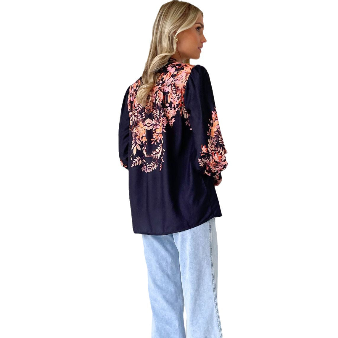 Women's Blouse Top with Floral Design and Elegant Puff Sleeves