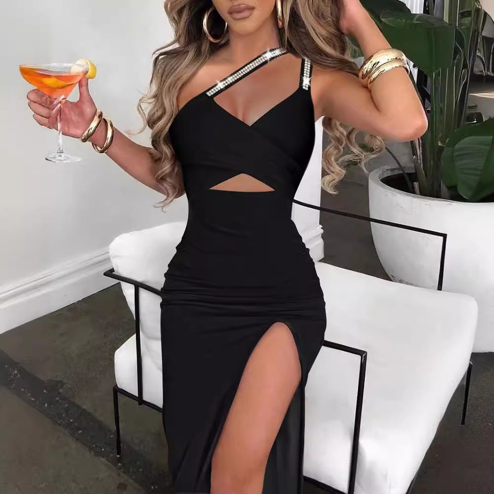 Women's Cut-Out Evening Dress with Sparkling Straps and High Slit