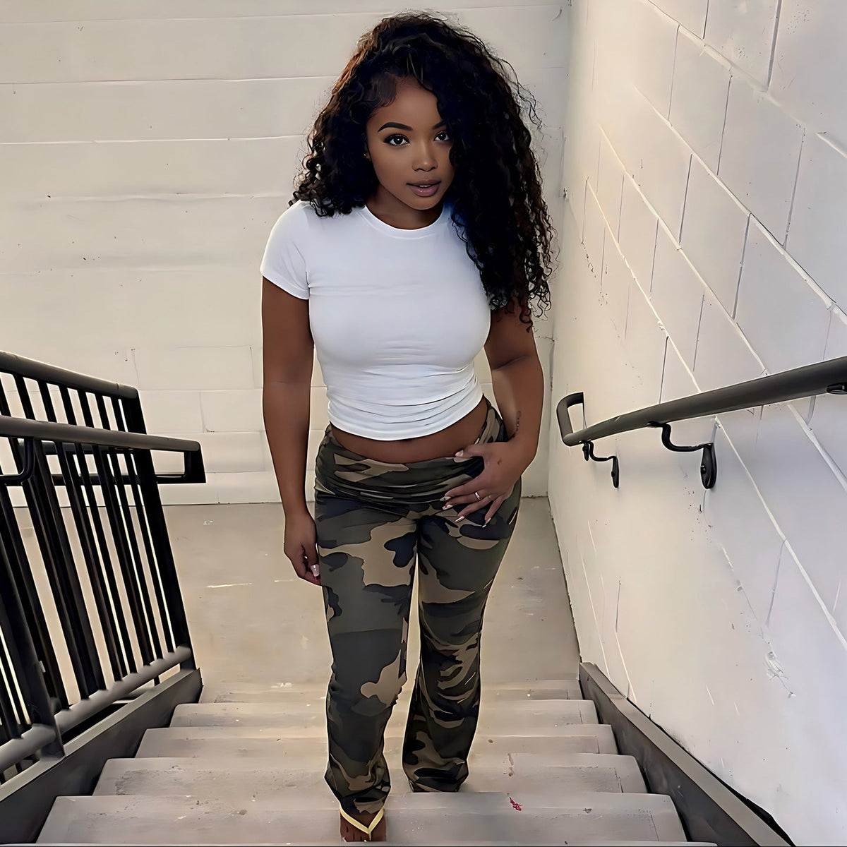 Women's Camouflage Pants with Elastic Waist and Fitted Cut