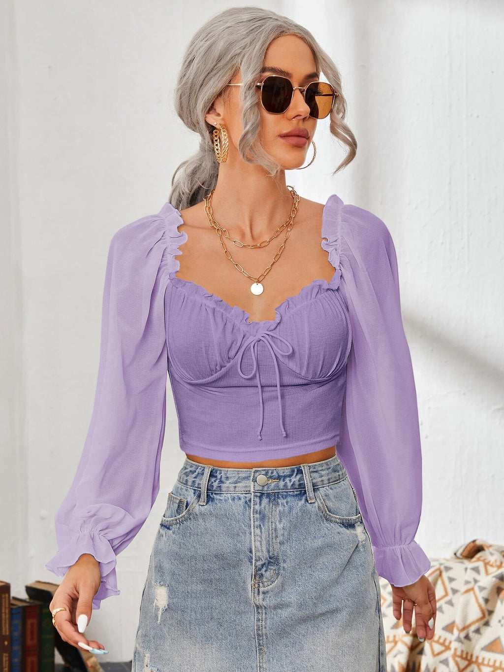 Women's Cropped Blouse with Ruffles and Puff Sleeves