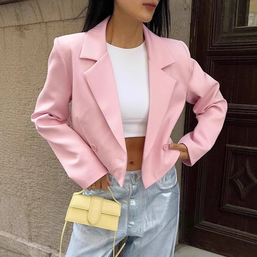 Women's Cropped Blazer with Oversized Sleeves and Button Details