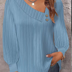 Women's Casual Blouse with Asymmetric Collar and Decorative Buttons