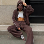 Women’s Casual French Terry Lounge Set with Short Zip Hoodie and Wide-Leg Joggers