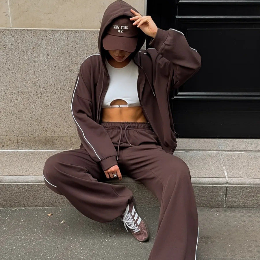Women’s Casual French Terry Lounge Set with Short Zip Hoodie and Wide-Leg Joggers