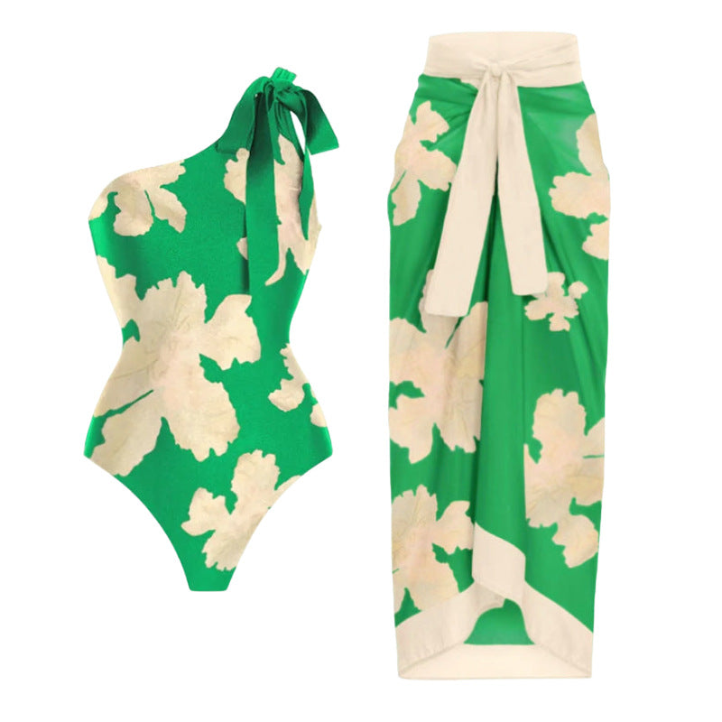 Women's Swimsuit with Voluminous Flutter Sleeves and Matching Wrap Skirt