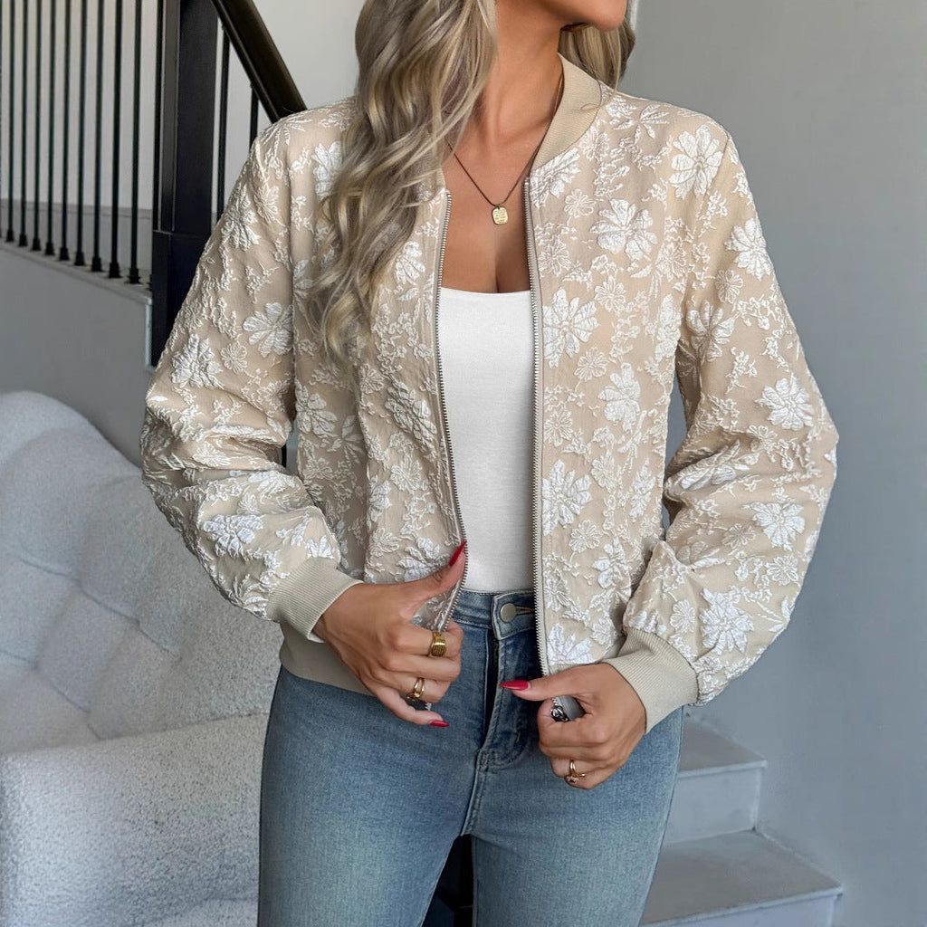 Women's Elegant Floral Embroidered Bomber Jacket