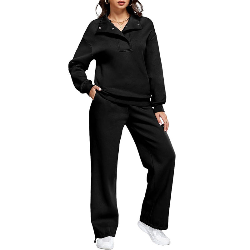 Women's Comfortable Lounge Set with Stand-Up Collar and Wide-Leg Pants