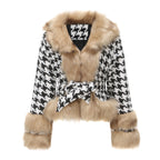 Women's Elegant Transitional Jacket with Faux Fur and Houndstooth