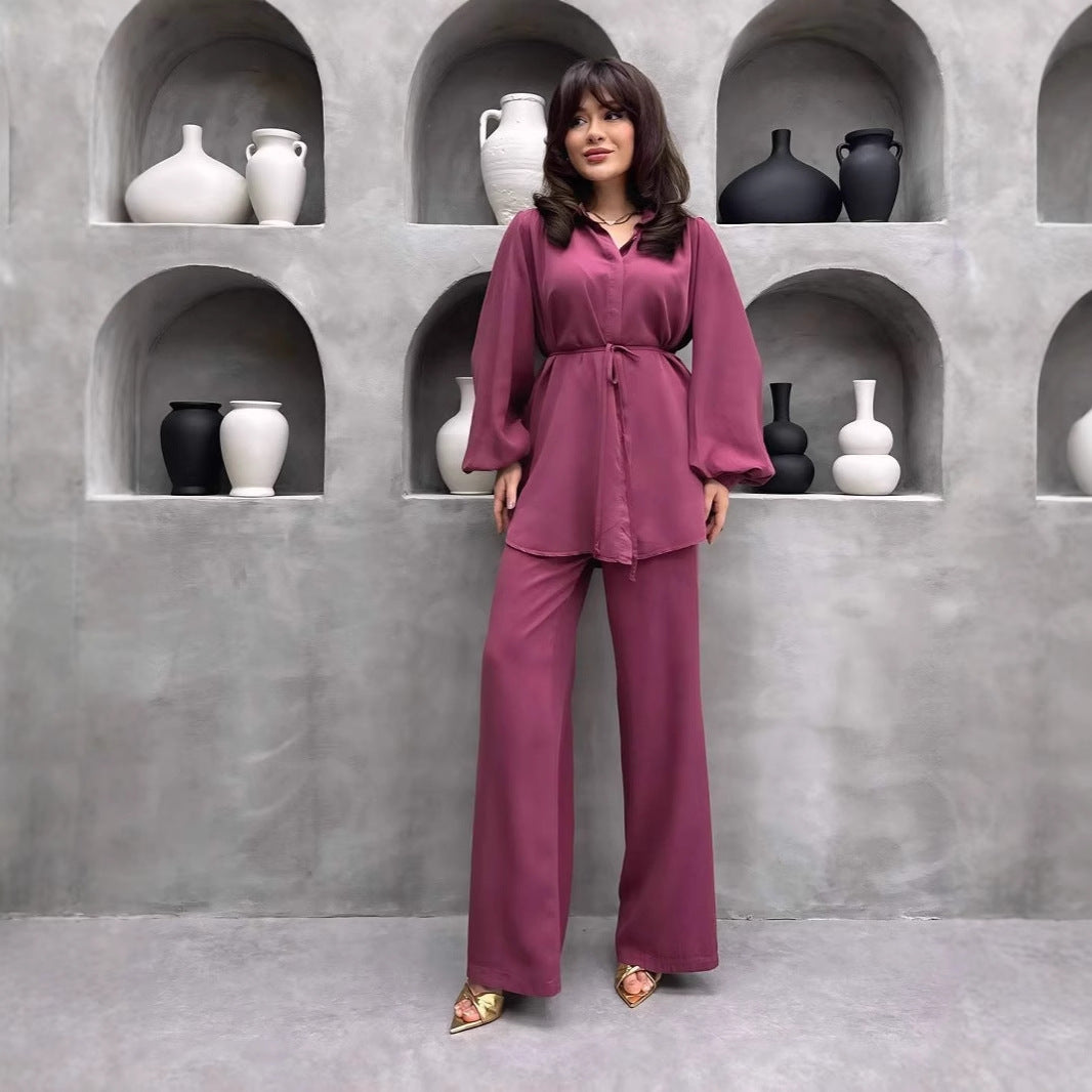 Women's Elegant Set with Long Blouse and Wide Pants