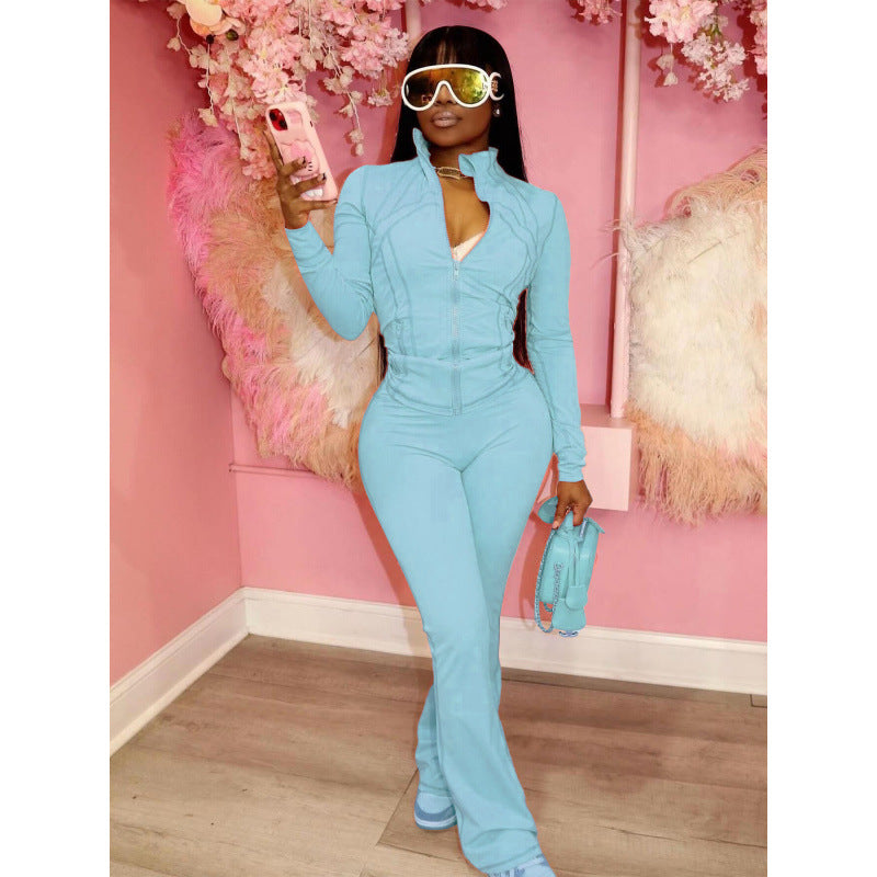 Women's Form-Fitting Jumpsuit with High Collar and Full-Length Zipper