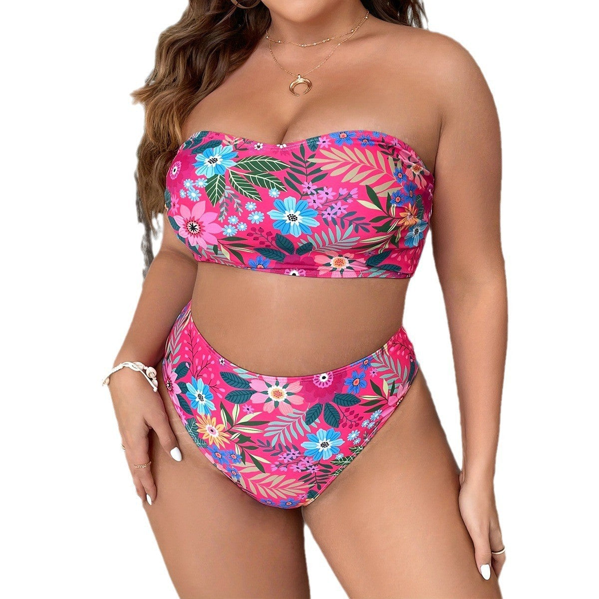 Women's Floral Bandeau Bikini with High-Waisted Bottoms