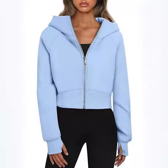 Women's Cropped Hoodie with Zipper and Elastic Hem