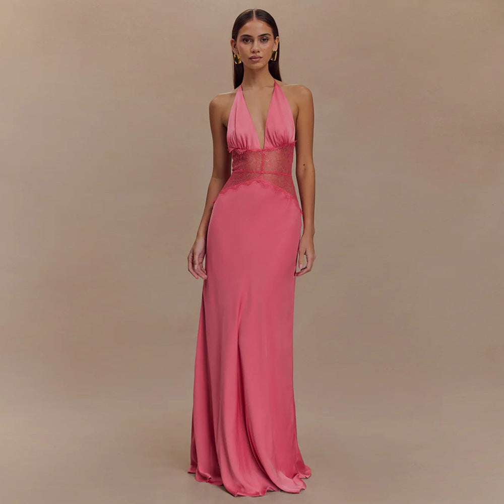 Women's Evening Dress with Lace and Elegant Deep Neckline