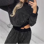 Women's Glitter Leisure Set with Cropped Sweater and Comfortable Pants