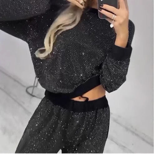 Women's Glitter Leisure Set with Cropped Sweater and Comfortable Pants