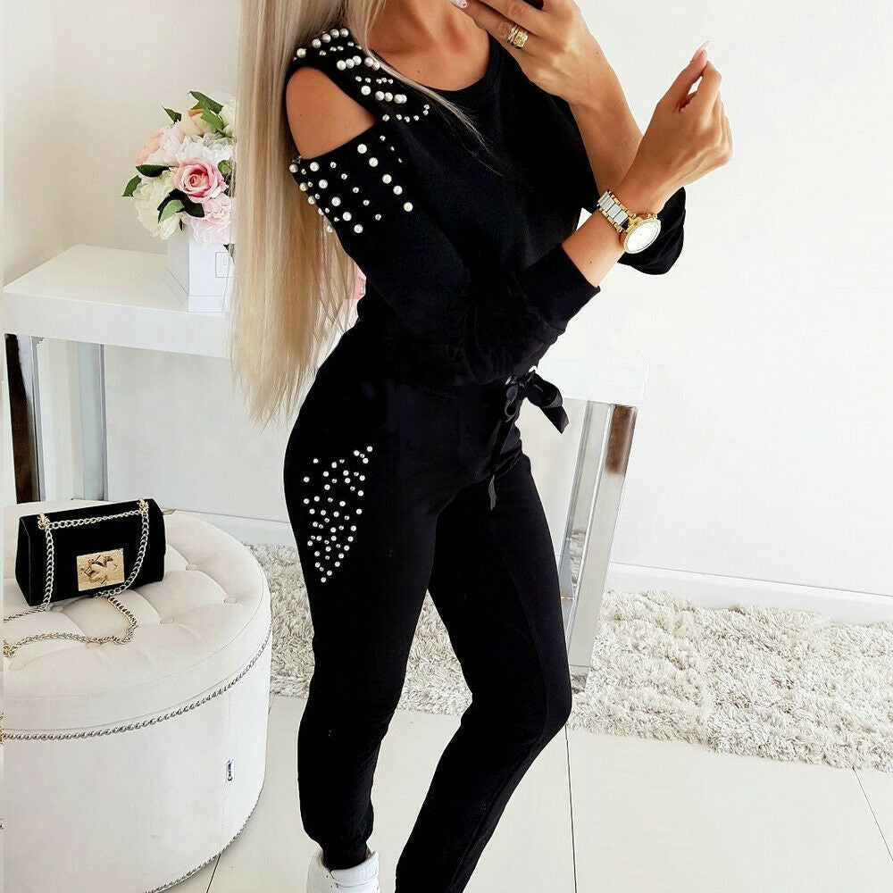 Women's Elegant Leisure Suit with Cut-Outs and Beaded Sleeves