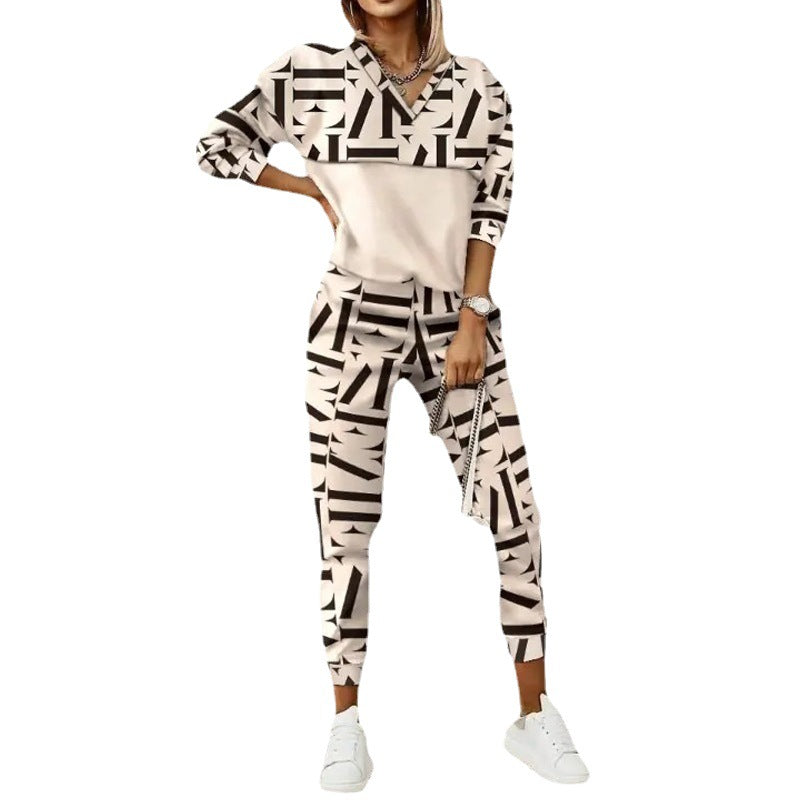 Women's Two-Piece Set with Printed Top and Tailored Trousers