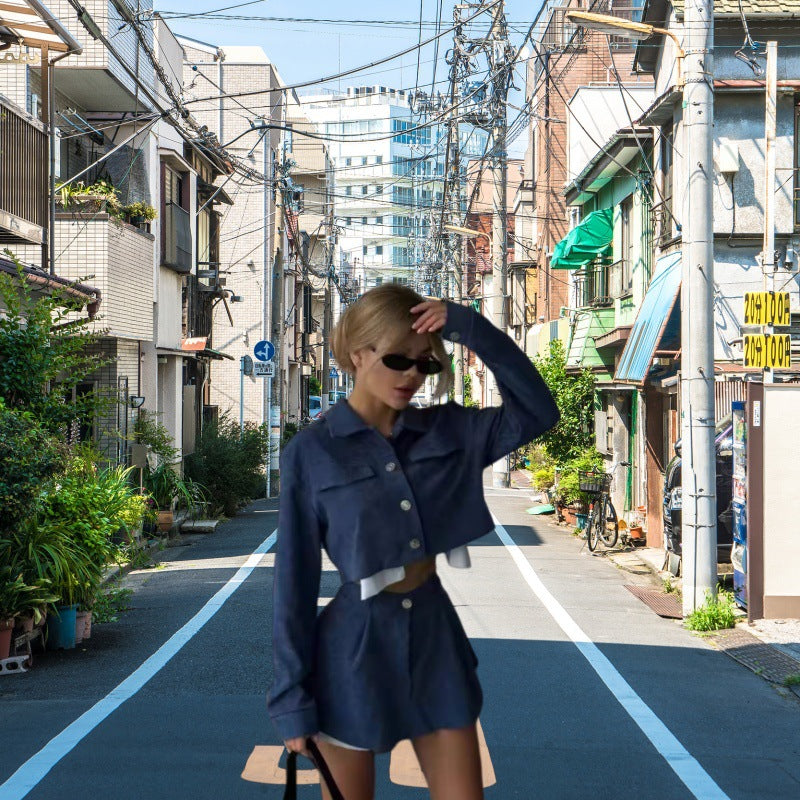 Women's Fashionable Denim Set with Cropped Jacket and Skirt