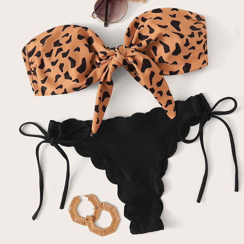 Women's Leopard Print Bandeau Bikini with Adjustable Bottoms