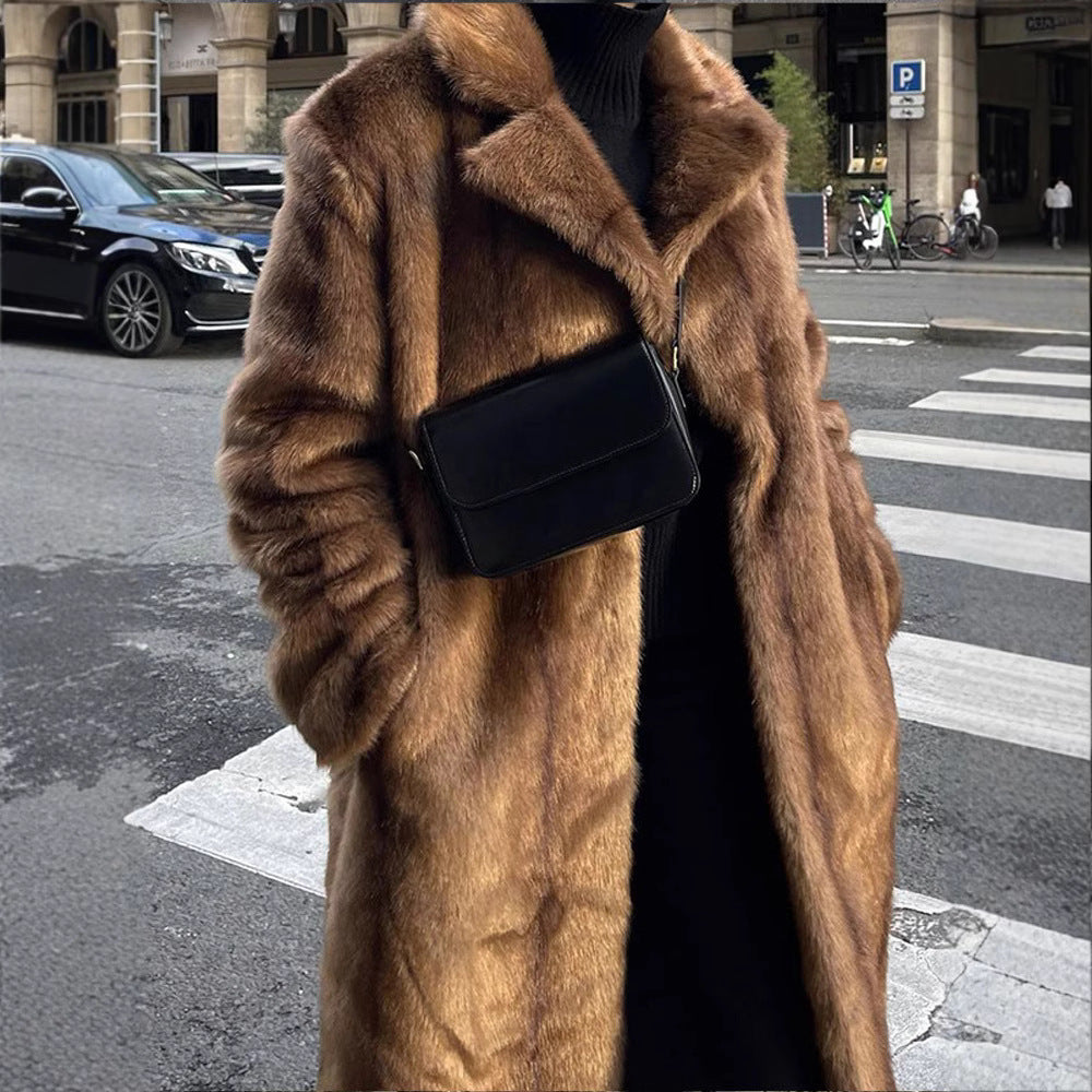 Women's Long Faux Fur Coat with Wide Lapel and Casual Fit
