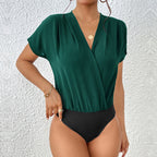 Women's Blouse Shirt with Elegant Wrap Look and Short Sleeves
