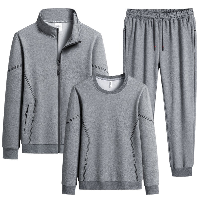 Men's Three-Piece Performance Training Set with Stand Collar Zip Jacket, Round Neck Sweater & Tapered Jogging Pants