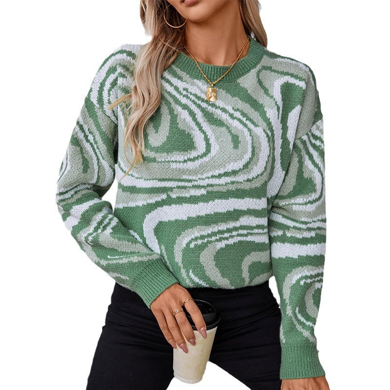 Women's Patterned Knit Pullover with Modern Wave Pattern and Round Neck