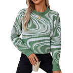 Women's Patterned Knit Pullover with Modern Wave Pattern and Round Neck