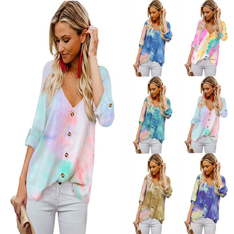 Casual Women's Blouse with Colorful Gradient and Roll-Up Sleeves