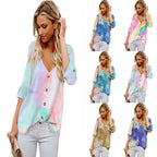 Casual Women's Blouse with Colorful Gradient and Roll-Up Sleeves