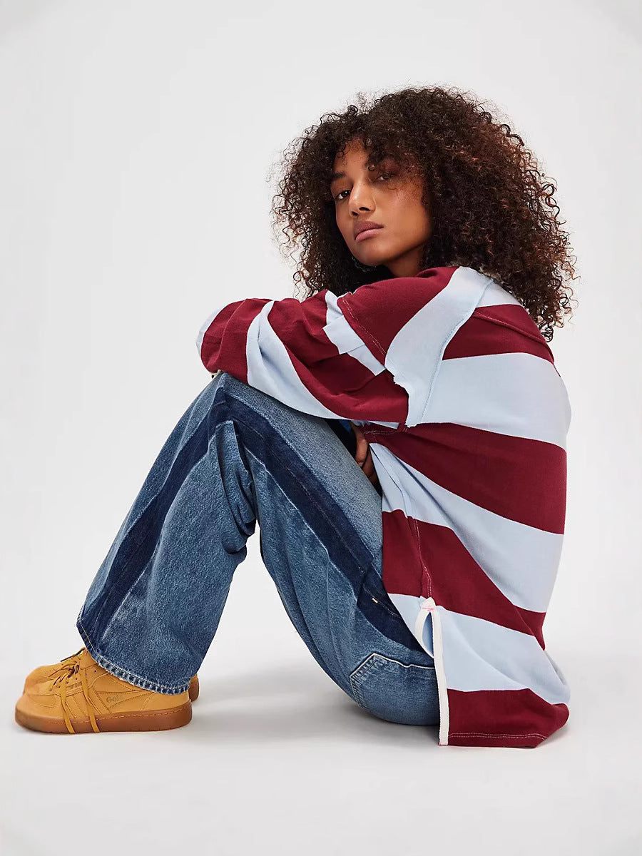 Women's Casual Shirt in Maritime Stripe Look with Sporty Collar