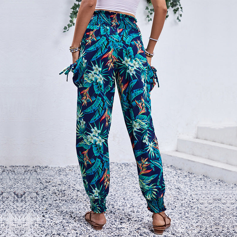 Women's Comfortable Cargo Pants with Tropical Pattern and Elastic Waistband