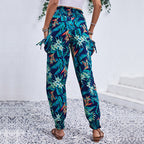 Women's Comfortable Cargo Pants with Tropical Pattern and Elastic Waistband