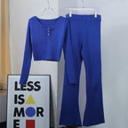 Women's Casual Knit Loungewear Set with Button Details and Wide Leg