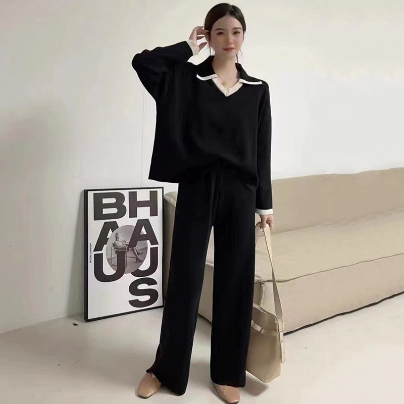 Women's Elegant and Casual Knit Set with V-Neck and Wide Hem