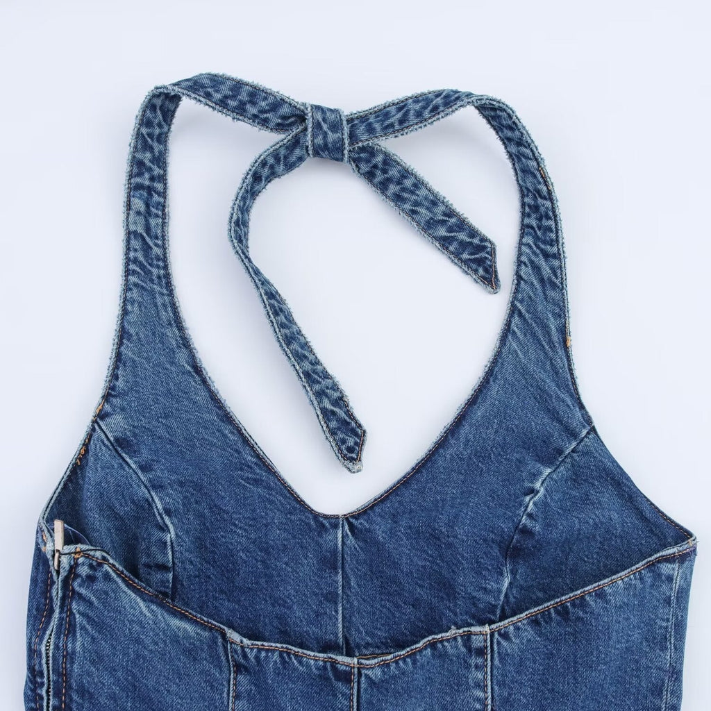Women's Denim Jumpsuit with Crisscross Straps