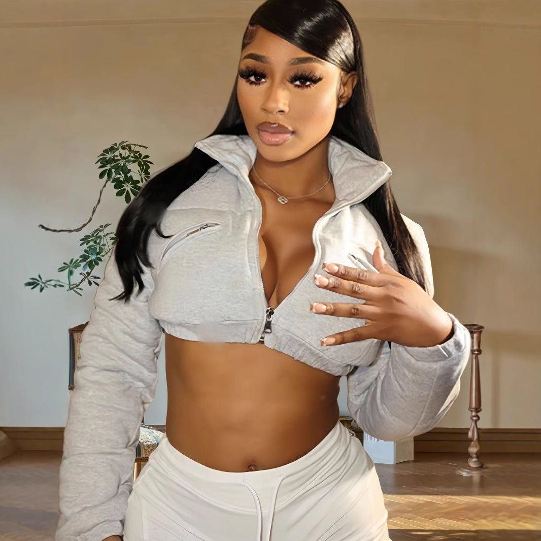 Women's Cropped Sports Jacket with Stylish Stand-Up Collar