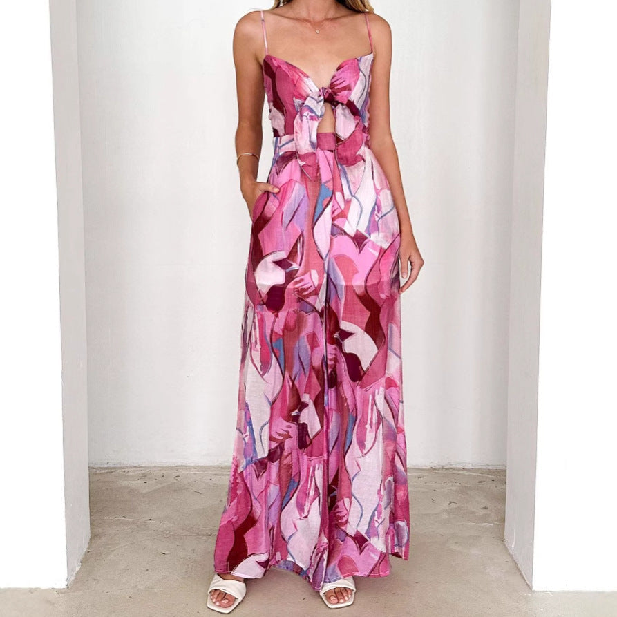 Women's Jumpsuit with Playful Knot Detail and Colorful Pattern