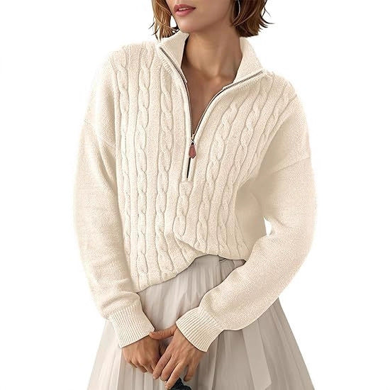 Women's Chunky Knit Sweater with Mock Neck and Half-Zip