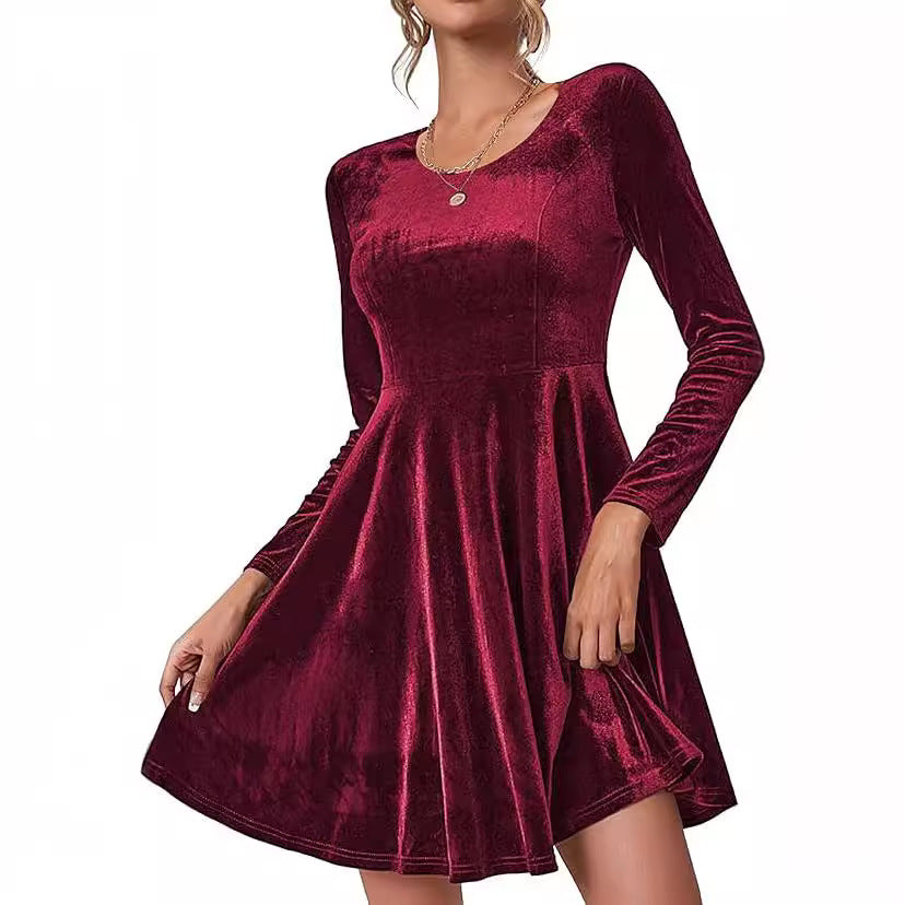 Women's Velvet A-Line Dress with Long Sleeves and Round Neck