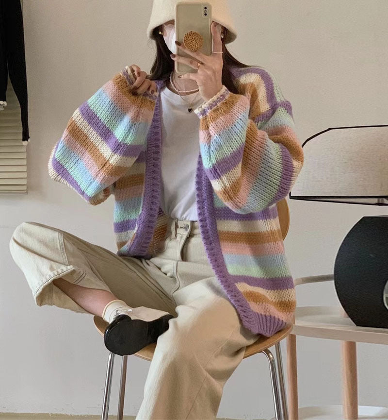 Women's Cozy Cardigan with Colorful Stripe Pattern and Wide Cut