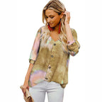 Casual Women's Blouse with Colorful Gradient and Roll-Up Sleeves