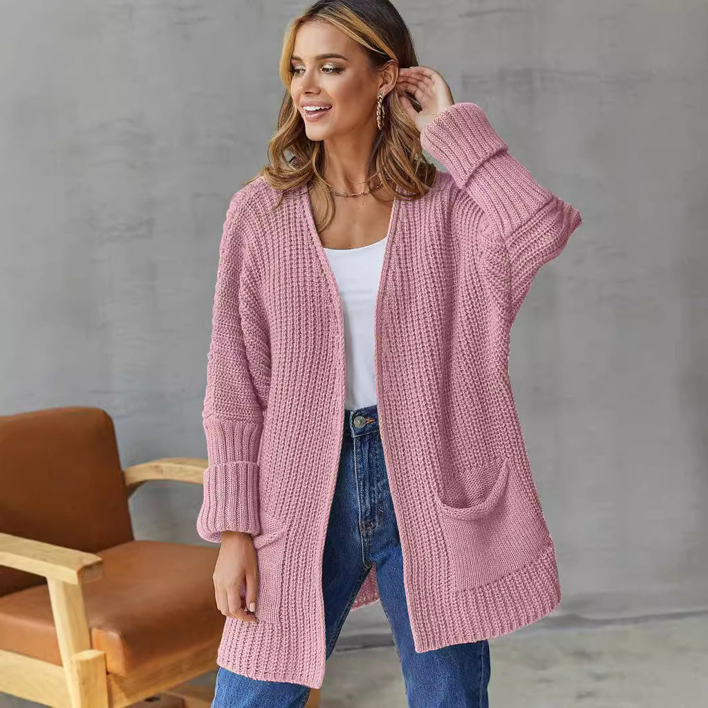 Women's Large Knit Cardigan with Ribbed Design and Pockets