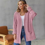 Women's Large Knit Cardigan with Ribbed Design and Pockets