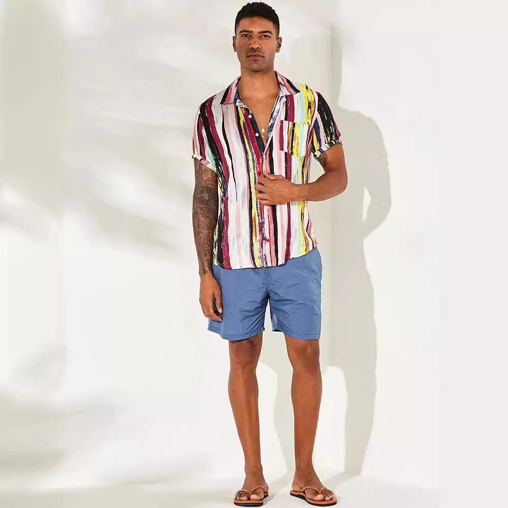 Women's Short-Sleeve Shirt with Modern Striped Pattern and Chest Pocket