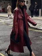 Women's Faux Leather Trench Coat with Belt and Chic Collar