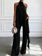 Evening Two-Piece Set with Gathered Mock Neck and Wide-Leg Trousers