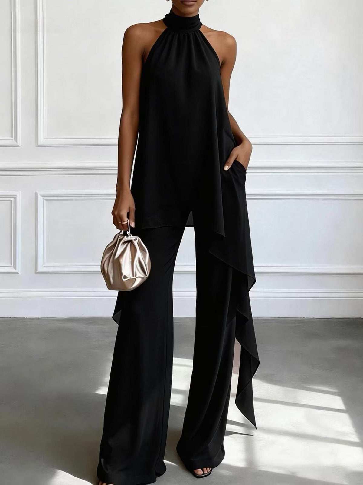 Evening Two-Piece Set with Gathered Mock Neck and Wide-Leg Trousers